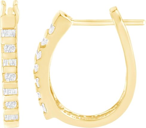 10K Yellow or White Gold Round and Baguette-Cut Diamond Hoop Earrings (I-J Color, I2-I3 Clarity) - Choice of Carat Weight and Metal Color in Saudi Arabia