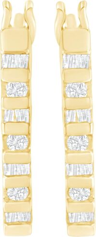 10K Yellow or White Gold Round and Baguette-Cut Diamond Hoop Earrings (I-J Color, I2-I3 Clarity) - Choice of Carat Weight and Metal Color in Saudi Arabia