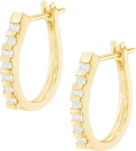 10K Yellow or White Gold Round and Baguette-Cut Diamond Hoop Earrings (I-J Color, I2-I3 Clarity) - Choice of Carat Weight and Metal Color in Saudi Arabia