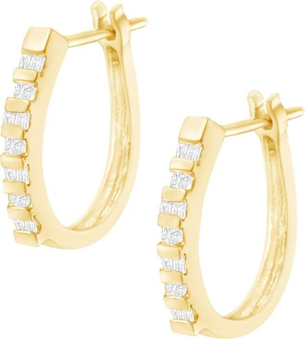 10K Yellow or White Gold Round and Baguette-Cut Diamond Hoop Earrings (I-J Color, I2-I3 Clarity) - Choice of Carat Weight and Metal Color in Saudi Arabia