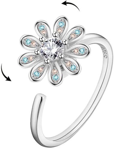 Daisy Flower Spinner Fidget Open Statement Ring Cubic Zirconia Crystal Adjustable Stacking Relief Stress Finger Rings Anti Anxiety Worry Promise Love Bands Lovely Jewelry for Women Girls Bride Wedding in Saudi Arabia