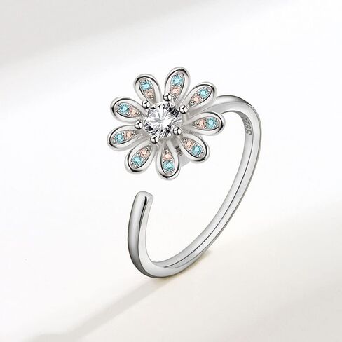 Daisy Flower Spinner Fidget Open Statement Ring Cubic Zirconia Crystal Adjustable Stacking Relief Stress Finger Rings Anti Anxiety Worry Promise Love Bands Lovely Jewelry for Women Girls Bride Wedding in Saudi Arabia