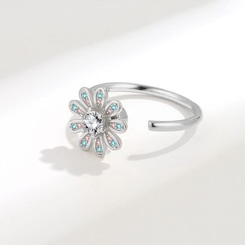 Daisy Flower Spinner Fidget Open Statement Ring Cubic Zirconia Crystal Adjustable Stacking Relief Stress Finger Rings Anti Anxiety Worry Promise Love Bands Lovely Jewelry for Women Girls Bride Wedding in Saudi Arabia