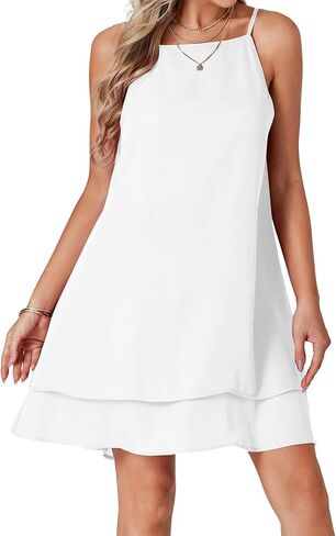 فستان نسائي قصير من Umenlele بحمالات سباغيتي بدون ظهر وطبقات مكشكشة وحاشية واسعة بدون أكمام صيفي قصير in Kuwait