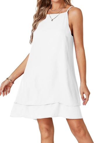 فستان نسائي قصير من Umenlele بحمالات سباغيتي بدون ظهر وطبقات مكشكشة وحاشية واسعة بدون أكمام صيفي قصير in Kuwait