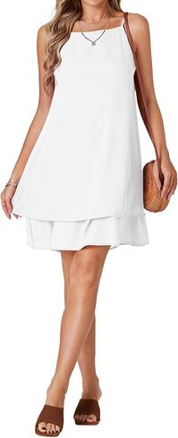 فستان نسائي قصير من Umenlele بحمالات سباغيتي بدون ظهر وطبقات مكشكشة وحاشية واسعة بدون أكمام صيفي قصير in Kuwait