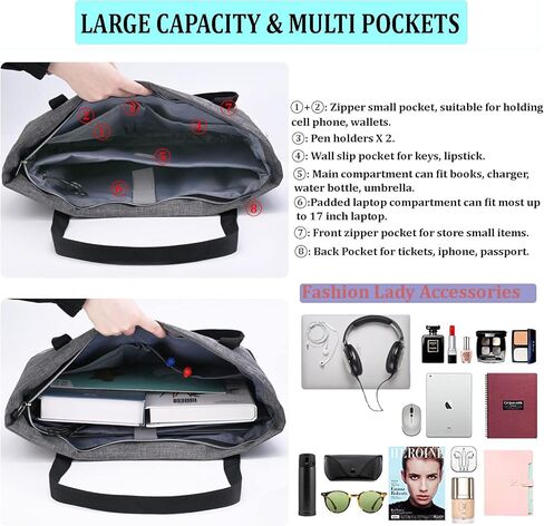 حقيبة كمبيوتر محمول للنساء مكونة من قطعتين، حقيبة عمل كبيرة وحقيبة يد للكمبيوتر وحقيبة مدرسية مع منفذ شحن USB in Kuwait