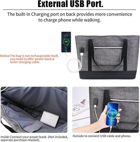 حقيبة كمبيوتر محمول للنساء مكونة من قطعتين، حقيبة عمل كبيرة وحقيبة يد للكمبيوتر وحقيبة مدرسية مع منفذ شحن USB in Kuwait