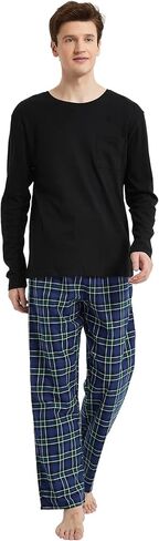 amaxer Men's Pajama Set 100% Cotton Flannel Plaid Pants Crew Neck Top Long Sleeves Pjs Elastic High Waist Sleepwear in Kuwait