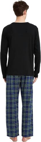 amaxer Men's Pajama Set 100% Cotton Flannel Plaid Pants Crew Neck Top Long Sleeves Pjs Elastic High Waist Sleepwear in Kuwait
