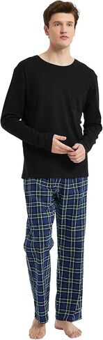 amaxer Men's Pajama Set 100% Cotton Flannel Plaid Pants Crew Neck Top Long Sleeves Pjs Elastic High Waist Sleepwear in Kuwait