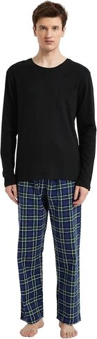 amaxer Men's Pajama Set 100% Cotton Flannel Plaid Pants Crew Neck Top Long Sleeves Pjs Elastic High Waist Sleepwear in Kuwait