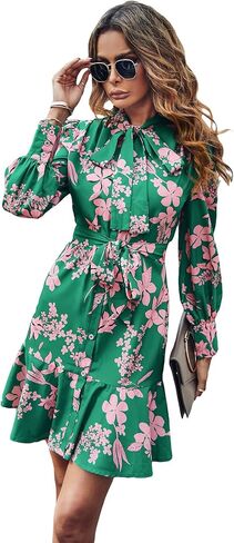 MakeMeChic Women's Floral Long Sleeve Tie Neck Button Front Ruffle Hem Short Dress with Belt in Saudi Arabia