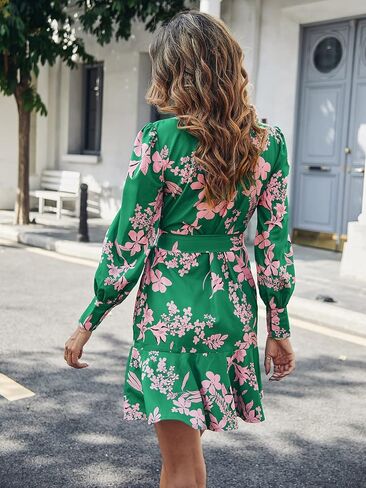 MakeMeChic Women's Floral Long Sleeve Tie Neck Button Front Ruffle Hem Short Dress with Belt in Saudi Arabia