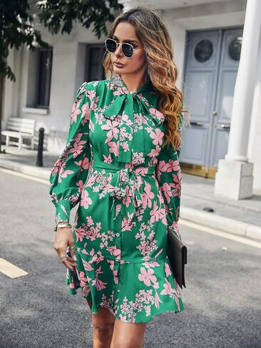 MakeMeChic Women's Floral Long Sleeve Tie Neck Button Front Ruffle Hem Short Dress with Belt in Saudi Arabia