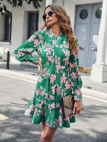 MakeMeChic Women's Floral Long Sleeve Tie Neck Button Front Ruffle Hem Short Dress with Belt in Saudi Arabia