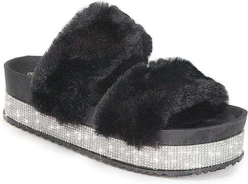 ANNA Kandy Women's Faux Fur Slides Slippers Platform Strappy Rhinestone Sandals for all season in Saudi Arabia