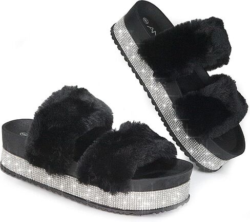 ANNA Kandy Women's Faux Fur Slides Slippers Platform Strappy Rhinestone Sandals for all season in Saudi Arabia