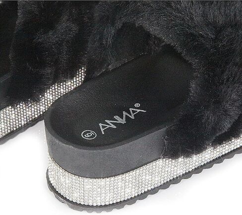 ANNA Kandy Women's Faux Fur Slides Slippers Platform Strappy Rhinestone Sandals for all season in Saudi Arabia