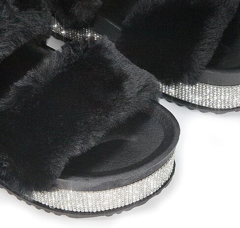 ANNA Kandy Women's Faux Fur Slides Slippers Platform Strappy Rhinestone Sandals for all season in Saudi Arabia