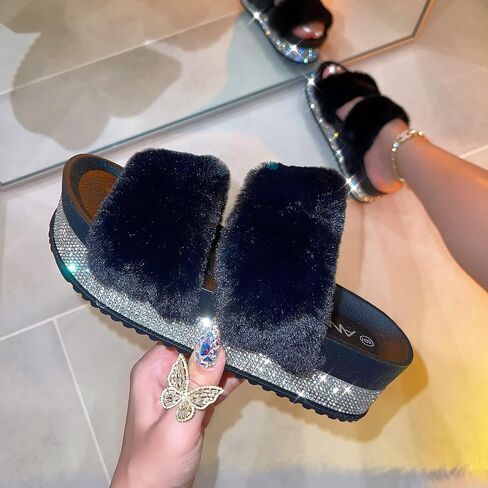ANNA Kandy Women's Faux Fur Slides Slippers Platform Strappy Rhinestone Sandals for all season in Saudi Arabia
