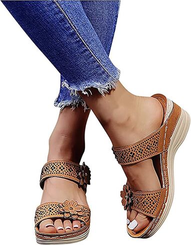 Aeefnuie Women Wedge Sandals, Hollow Flowers With Arch Support Comfortable Orthopedic Sandals Plus Size Slippers in Saudi Arabia