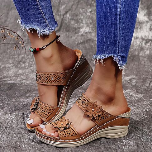 Aeefnuie Women Wedge Sandals, Hollow Flowers With Arch Support Comfortable Orthopedic Sandals Plus Size Slippers in Saudi Arabia