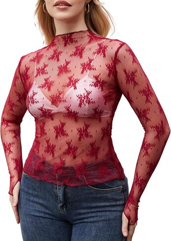 PAODIKUAI Women's Sheer Mesh Top Mock Neck Lace Layering Top Long Sleeve Mesh Shirt See Through Sexy Blouses in Saudi Arabia
