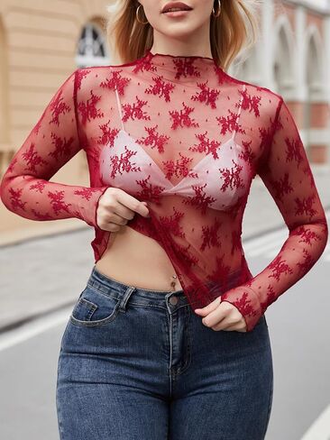PAODIKUAI Women's Sheer Mesh Top Mock Neck Lace Layering Top Long Sleeve Mesh Shirt See Through Sexy Blouses in Saudi Arabia