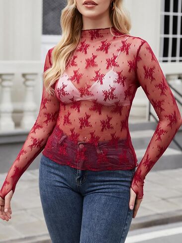 PAODIKUAI Women's Sheer Mesh Top Mock Neck Lace Layering Top Long Sleeve Mesh Shirt See Through Sexy Blouses in Saudi Arabia