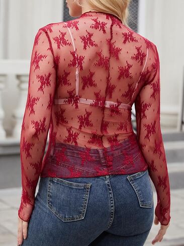 PAODIKUAI Women's Sheer Mesh Top Mock Neck Lace Layering Top Long Sleeve Mesh Shirt See Through Sexy Blouses in Saudi Arabia