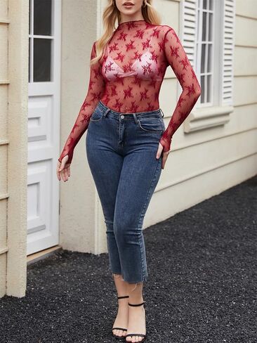 PAODIKUAI Women's Sheer Mesh Top Mock Neck Lace Layering Top Long Sleeve Mesh Shirt See Through Sexy Blouses in Saudi Arabia