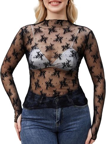PAODIKUAI Women's Sheer Mesh Top Mock Neck Lace Layering Top Long Sleeve Mesh Shirt See Through Sexy Blouses in Saudi Arabia