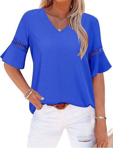 STYLEWORD Womens Casual Bell Sleeve V Neck Loose Tops Chiffon Blouse Dressy Shirt in Saudi Arabia