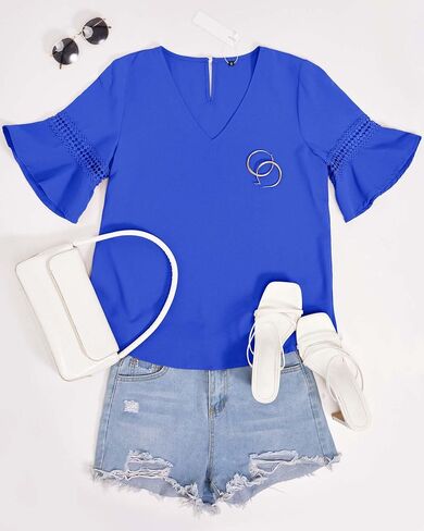 STYLEWORD Womens Casual Bell Sleeve V Neck Loose Tops Chiffon Blouse Dressy Shirt in Saudi Arabia