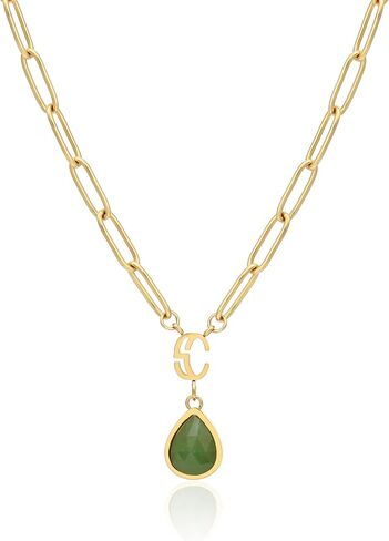 SHEEN CRAFT Gemstone Gold Plated Paperclip Necklace for Women Dainty Minimalist Crystal Birthstone Green Aventurine Rose Quartz Necklace Gift for Her Waterproof and Hypoallergenic in Saudi Arabia