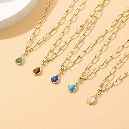 SHEEN CRAFT Gemstone Gold Plated Paperclip Necklace for Women Dainty Minimalist Crystal Birthstone Green Aventurine Rose Quartz Necklace Gift for Her Waterproof and Hypoallergenic in Saudi Arabia