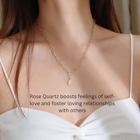 SHEEN CRAFT Gemstone Gold Plated Paperclip Necklace for Women Dainty Minimalist Crystal Birthstone Green Aventurine Rose Quartz Necklace Gift for Her Waterproof and Hypoallergenic in Saudi Arabia