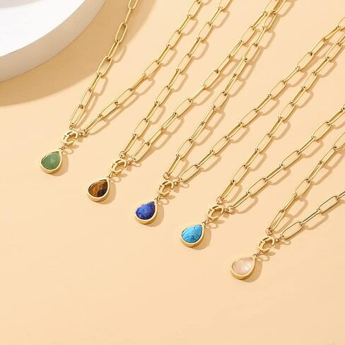 SHEEN CRAFT Gemstone Gold Plated Paperclip Necklace for Women Dainty Minimalist Crystal Birthstone Green Aventurine Rose Quartz Necklace Gift for Her Waterproof and Hypoallergenic in Saudi Arabia