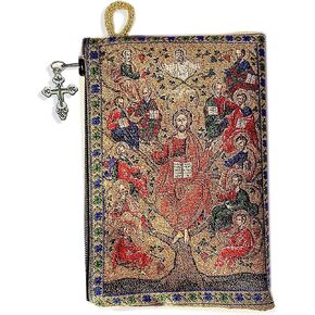 Rosary Prayer Bead Tapestry Pouch Jesus Christ The Tree of Life Vine With Apostles - 2 Sided on the Back side Virgin Mary Keepsake Pouch Holder Case 5 1/2 Inch, Religious Gift