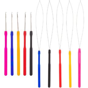 UNICRAFTALE 10pcs Stainless Steel Hair Extension Loop Needle Threader with Plastic Crochet Needle Pulling Hook Tool for Silicone Link Rings Beads and Hair or Feathers Extensions