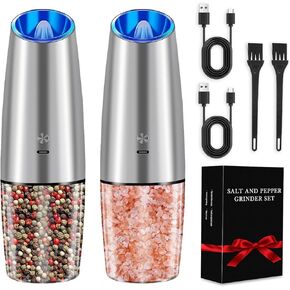Electric Salt and Pepper Grinder Set, Saicefe USB Rechargeable Salt and Pepper Mill & Adjustable Coarseness, Automatic Salt Grinders Spice Shakers with LED Light, One Hand Operation, Stainless Steel