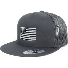 Flexfit Oversize XXL Grey American Flag Embroidered 5 Panel Flatbill Snapback Mesh Cap