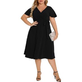 Women's Plus Size Flutter Sleeve Dress Deep V Neck A-Line Swing Midi Dresses