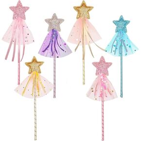6 PCS Glitter Princess Wand Kit Fairy Star Magic Dress-up Wand for Girl's Costume Role Play Show Cosplay Birthday Party Favor