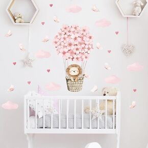 Cute Lion Cub Hot Air Balloon Wall Stickers, sacinora Pink Butterfly Cloud Love Heart DIY Wall Decals Removable Vinyl Peel and Stick for Kids Baby Girl Nursery Bedroom Toddler Room Art Decorations