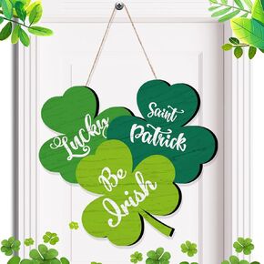 St Patrick's Day Front Door Sign Wooden Shamrocks Plaque Wreath Ornament Irish Hanging Welcome Board Spring Home Wall Green Lucky Shamrock Truck Decoration (Fresh Shamrock,11.8 x 11.1 Inch)