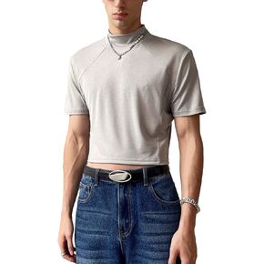 OYOANGLE Men's Mock Neck Short Sleeve Cropped T Shirt Solid Casual Streetwear Party Tops