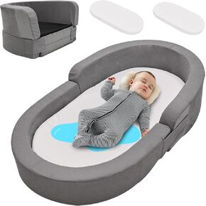 SUNYRISY Portable Toddler Travel Bed, 2-in-1 toddler floor bed, kids Travel Bed Sofa Chair toddler travel cot with 2 Waterproof Mattress covers, Foldable Toddler Camping Bed