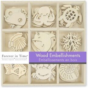 Mini Laser Cuts Wood Shape - Sea Life Turtle, Octopus, Crab, Seashell, and More - 45 Pieces - 1'' Across